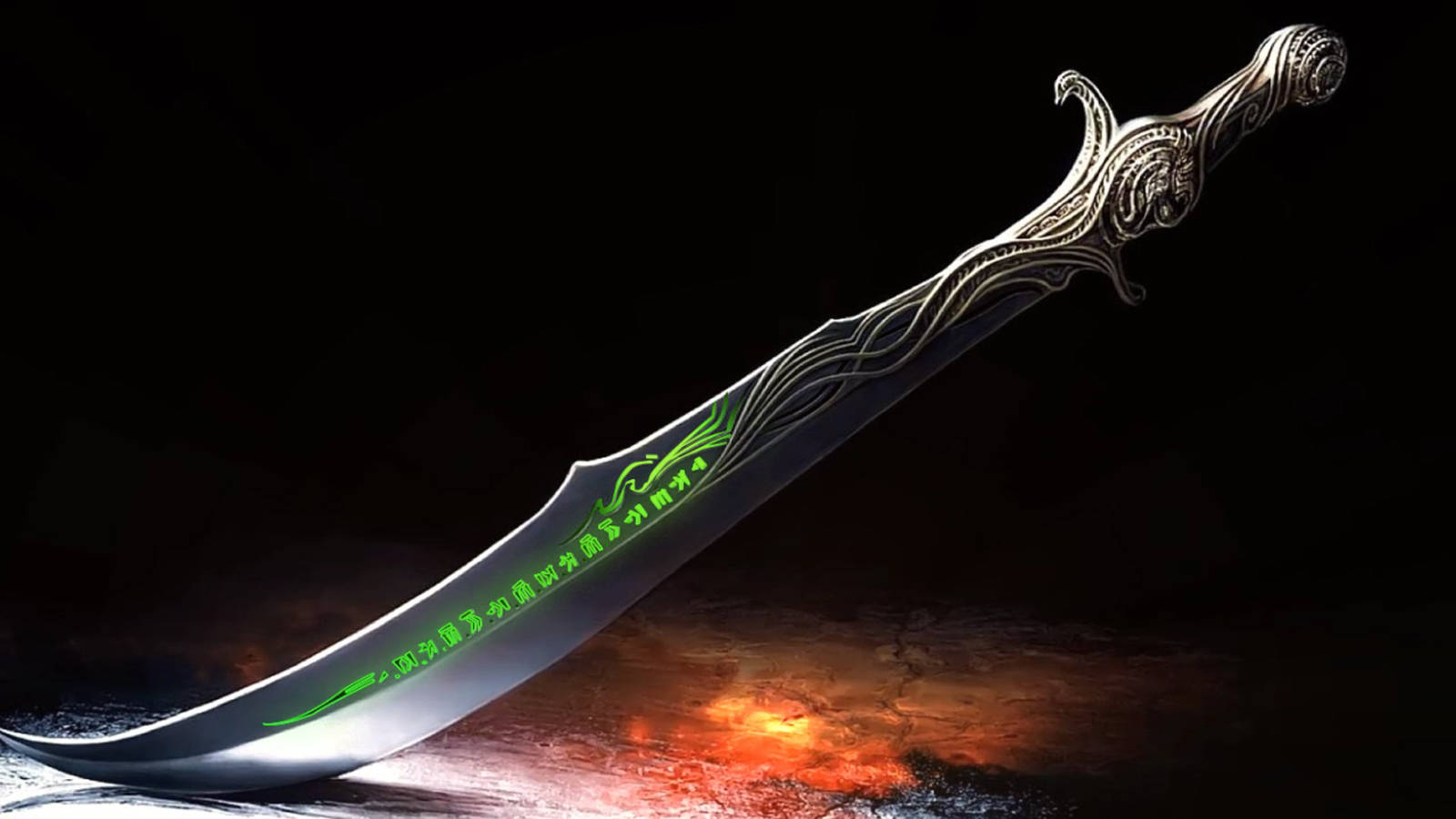 меч со светящейся зеленой надписью