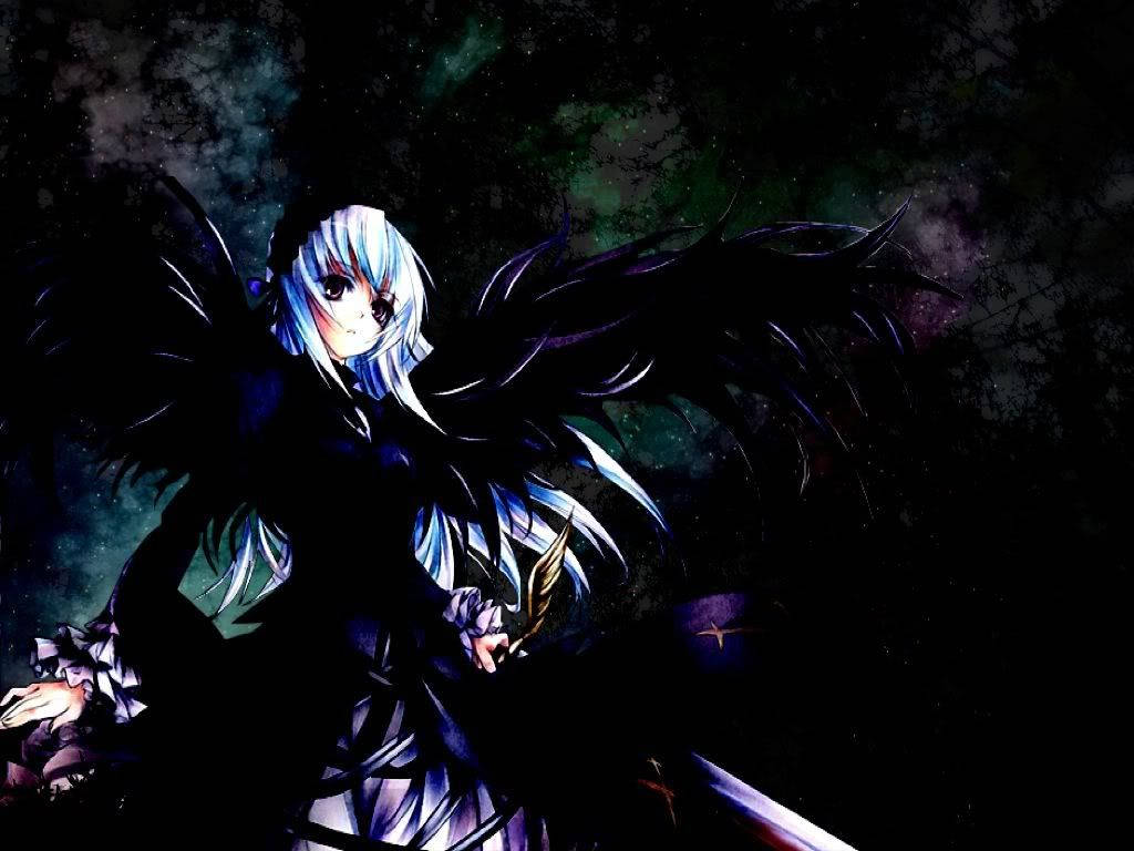 смуглая аниме-девушка в черных крыльях