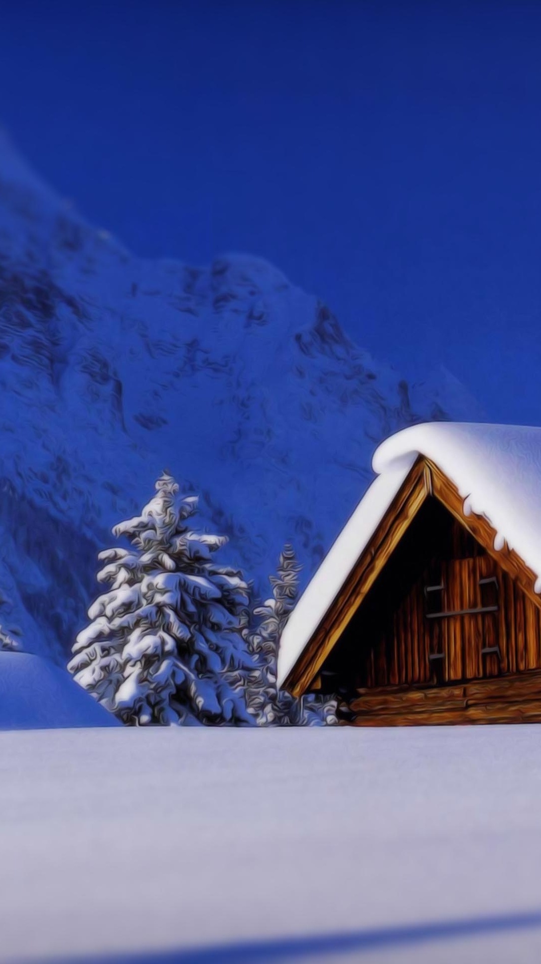 горный рельеф, снег, зима, гора, бревенчатый домик