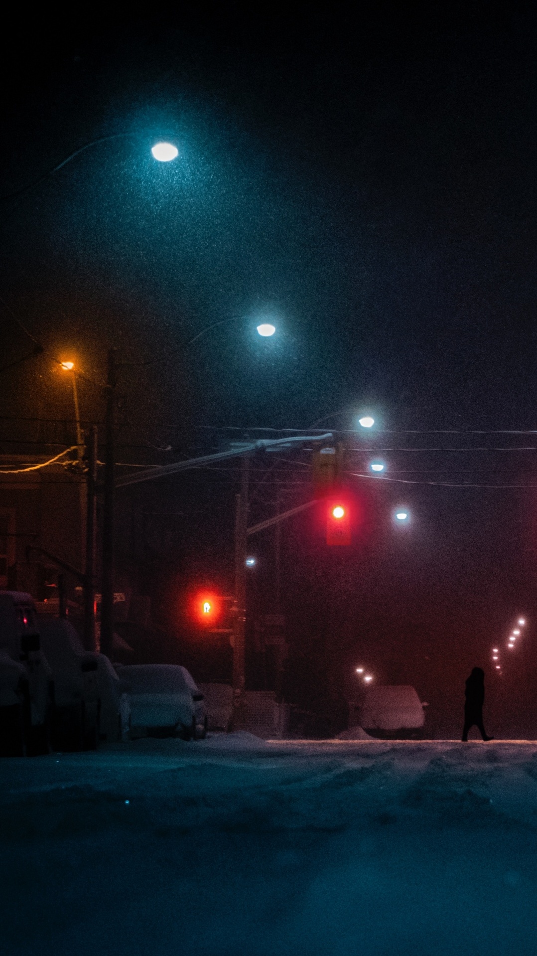 освещение, ночь, снег, уличный фонарь, улица
