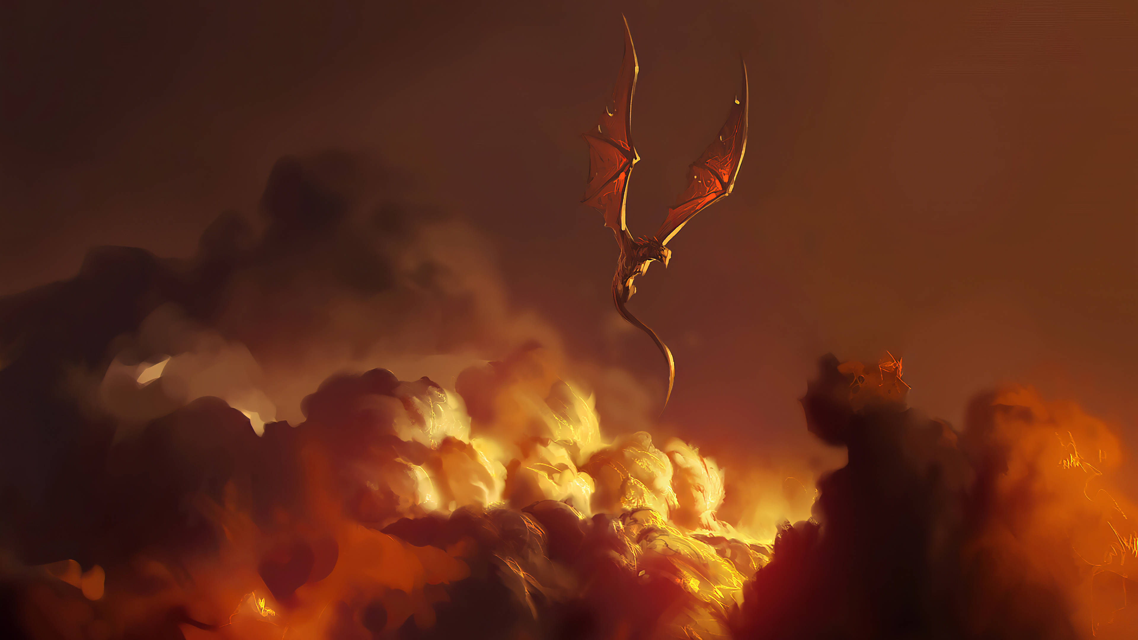цифровая картина оранжевого неба 4k с драконом