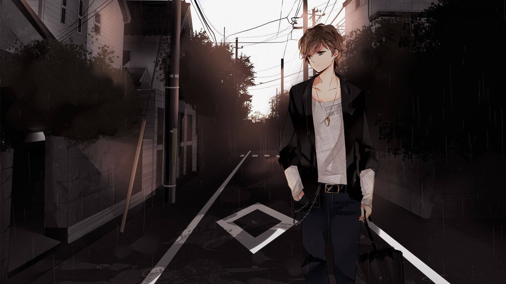 крутой аниме-мальчик в темном переулке