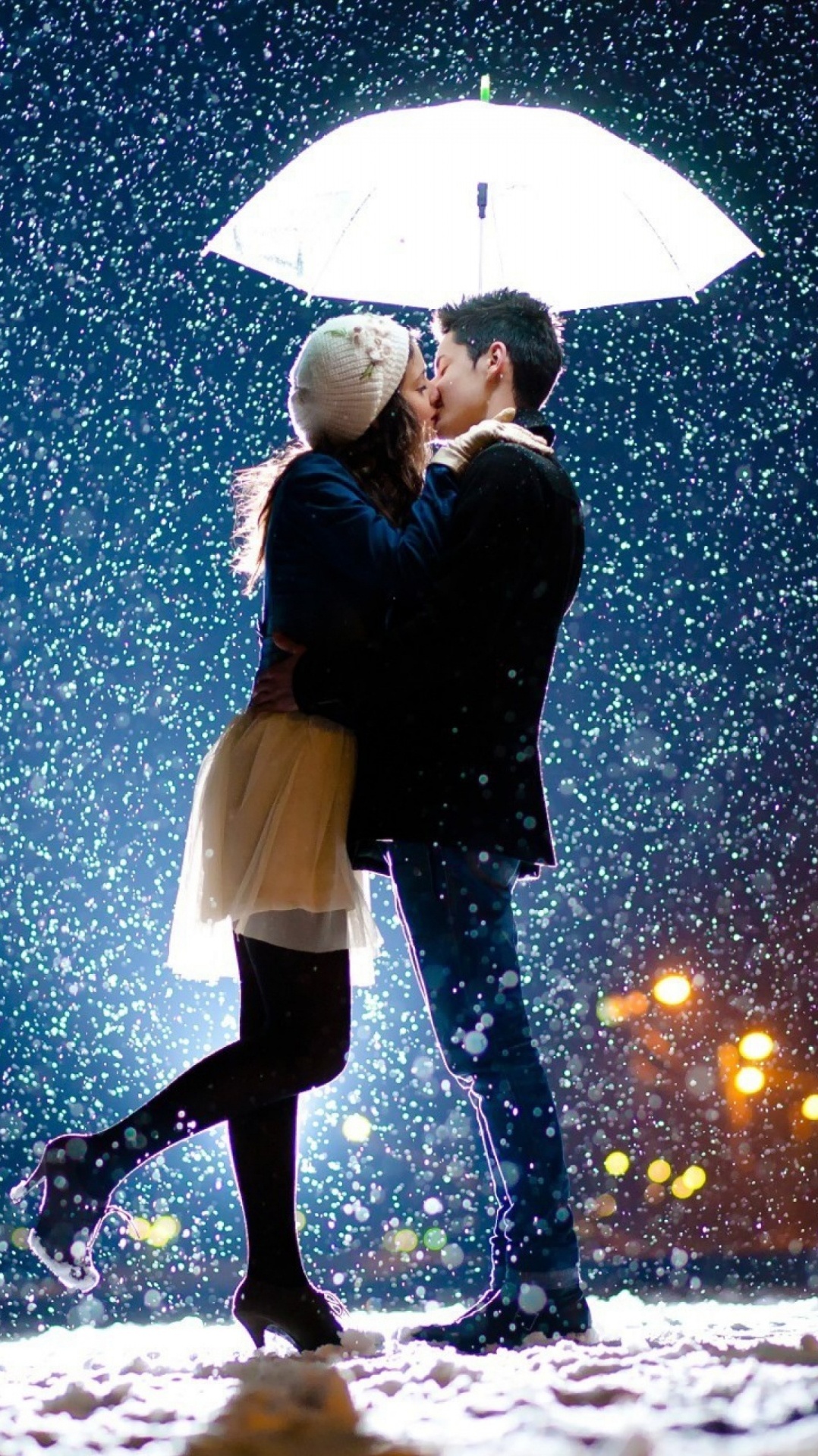 снег, поцелуй, роман, зонтик, пара