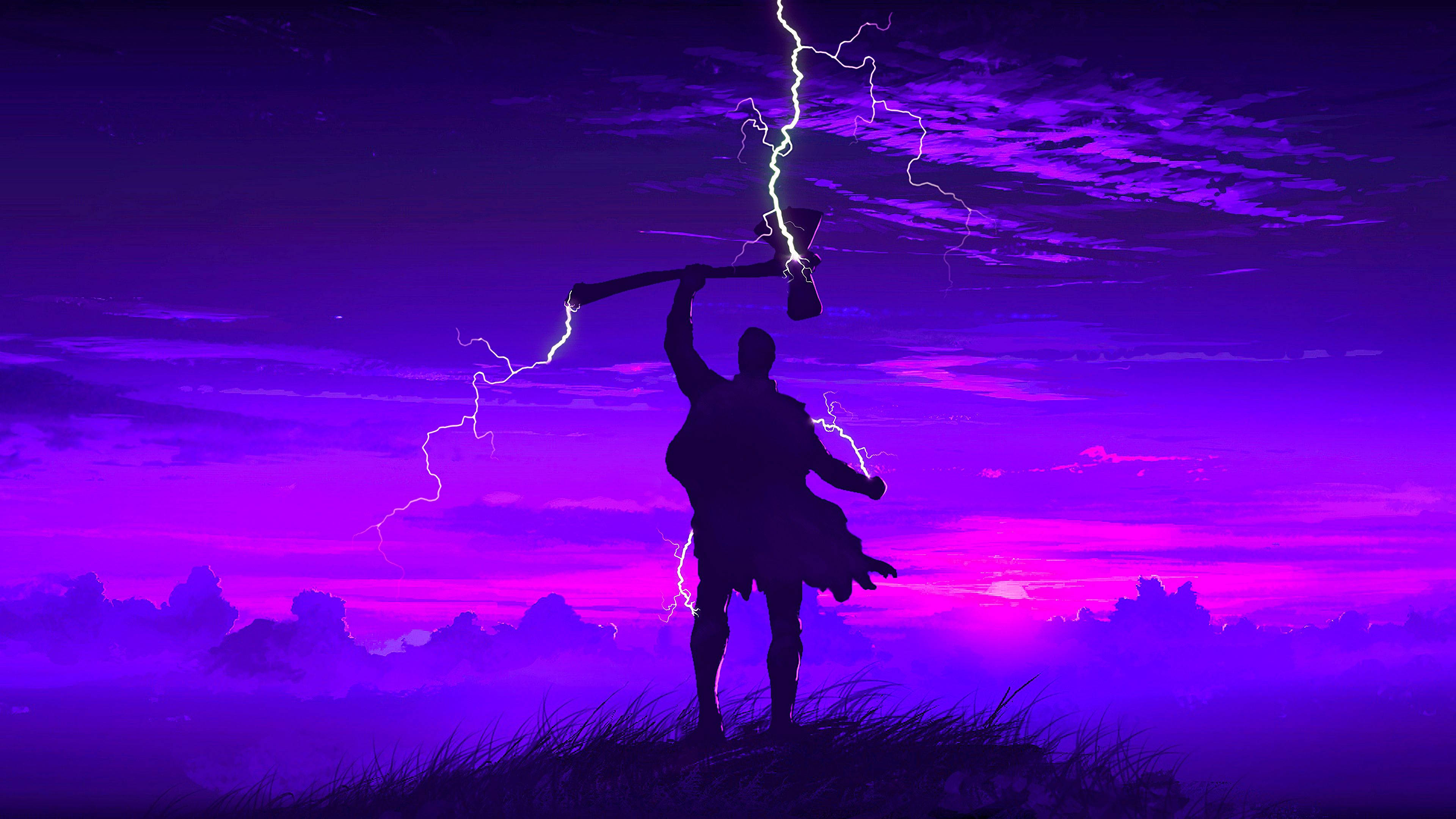 силуэт супергероя тора разрушителя бурь фиолетовое эстетическое небо
