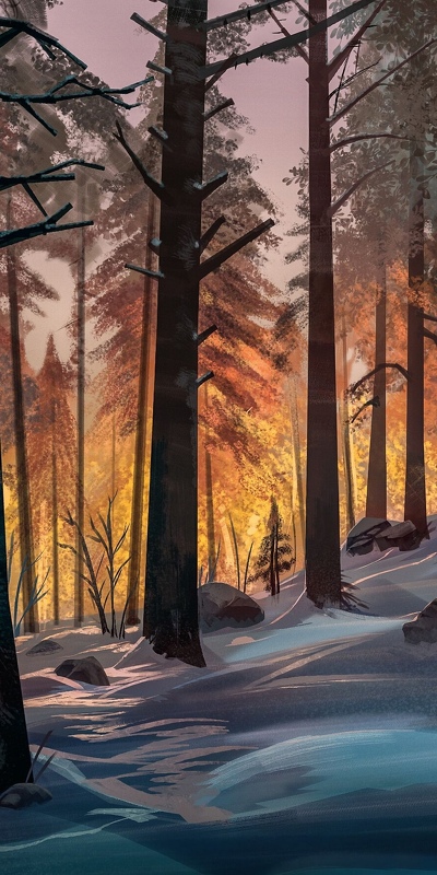 арт зимнего леса на закате