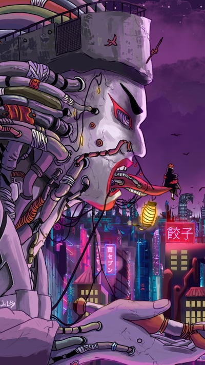 amegakure from naruto shippuden in a cyberpunk world