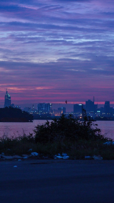 город, облако, сумрак, линия горизонта, закат