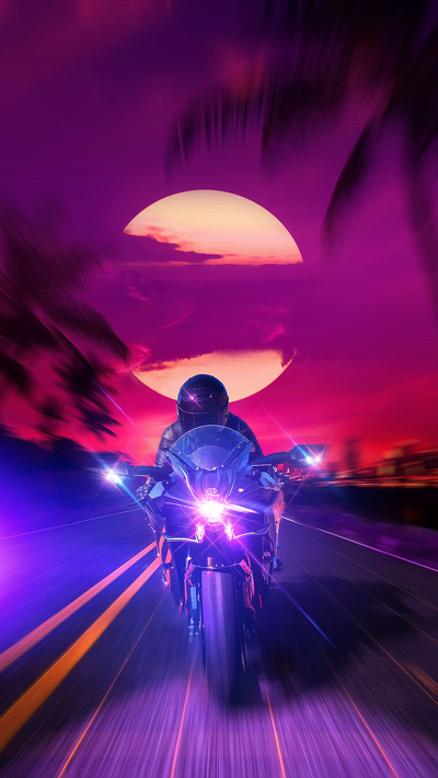 мотоцикл, яблоко, киберпанк, ретровейв, пурпурный цвет