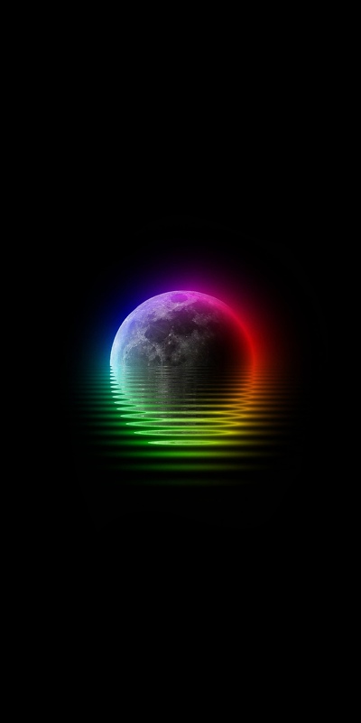 3d арт неоновой луны с отражением в воде на чёрном фоне
