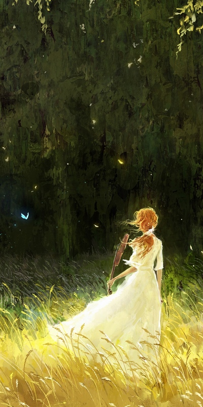 картина девушки со скрипкой в белом платье на фоне густого леса