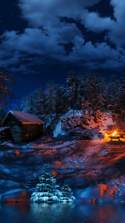 зима, отражение, природа, ночь, снег