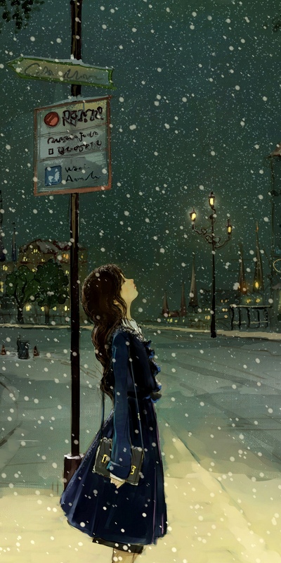 нарисованная девушка на улице смотрит на фонарь пока падает снег