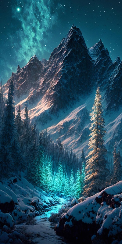 ночной пейзаж зимней природы: лес, горы, северное сияние