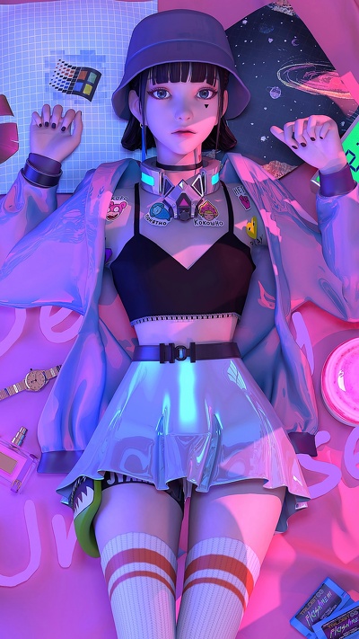 ретро панк аниме девушка лежит на кровати, фиолетовый, аниме, пурпур, киберпанк