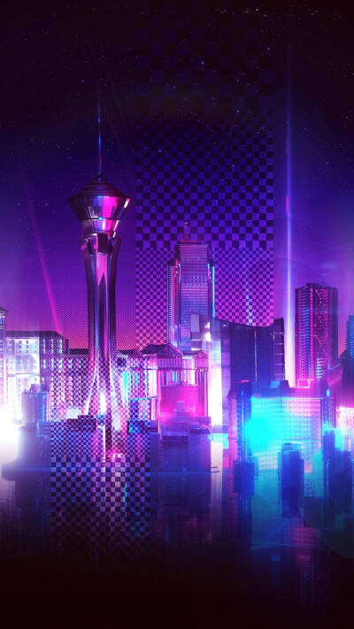 эстетичный фиолетовый неоновый компьютер vaporwave city